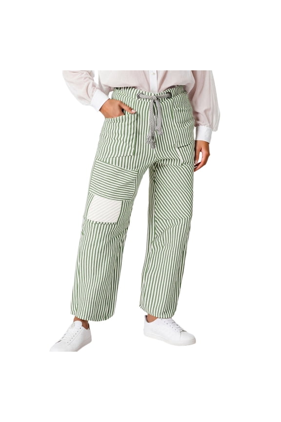 Baggy Barrel Jeans for Women Y2k Striped Drawstring High Waist Straight Wide Leg Boyfriend Jeans Mom Denim Pants Green L