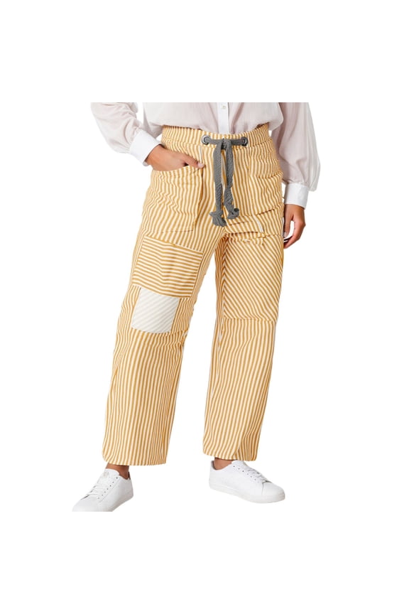 Baggy Barrel Jeans for Women Y2k Striped Drawstring High Waist Straight Wide Leg Boyfriend Jeans Mom Denim Pants Yellow S