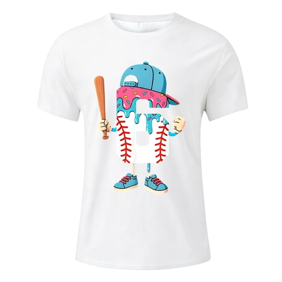 KHONTS Baseball 6 Years 6th Birthday Number 6 T-Shirt for Boys Kids Short Sleeve Crew Neck Tees,Size 2-13 Years White 160