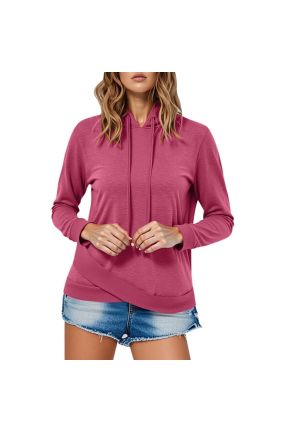 Basic Lightweight Hoodies for Women Pullover Top Comfy Hooded T Shirts Irregular Hem Casual Tees Hot Pink M