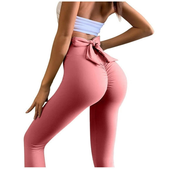 KHONTS Bow Yoga Pants Scrunch Butt Leggings Gym Workout,Running High Waisted Tummy Control Lifting Trousers for Women Pink XL