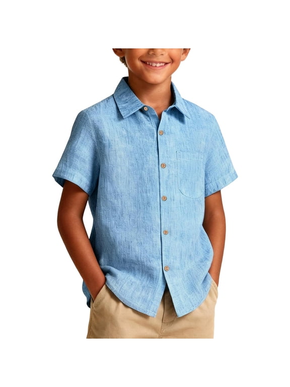 Boys Button down Shirts Short Sleeve Casual Cuban Shirt Summer Beach Shirts with Pocket,Size 6-14 Years Blue 140