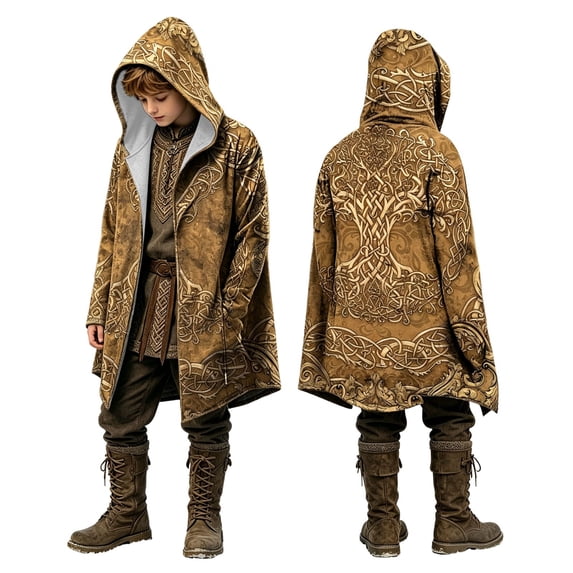 KHONTS Boys Hooded Cloak 3D Print Jacket Retro Coat Mid Length Outerwear with Pocket,Size 2-15 Years 01-Yellow 120