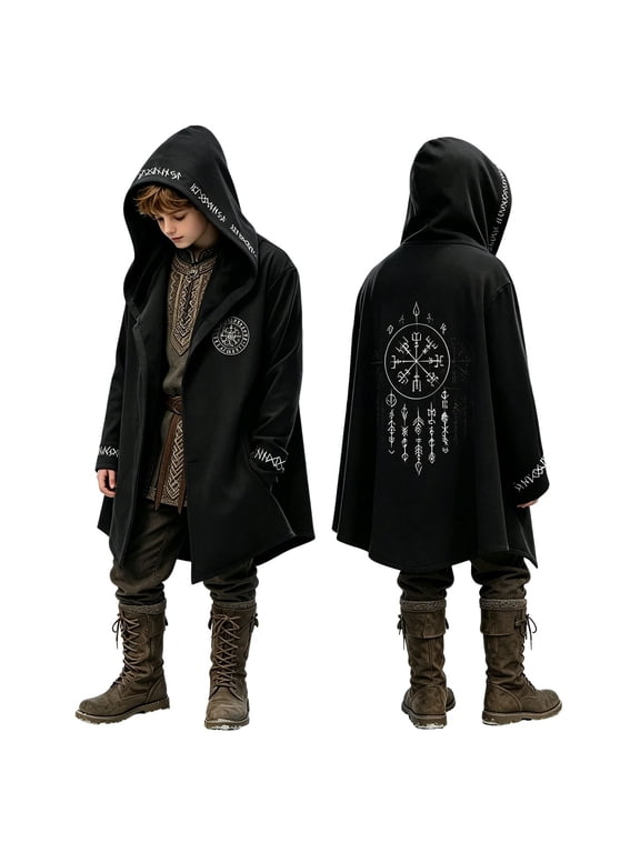 Boys Hooded Cloak 3D Print Jacket Retro Coat Mid Length Outerwear with Pocket,Size 2-15 Years 10-Black 160