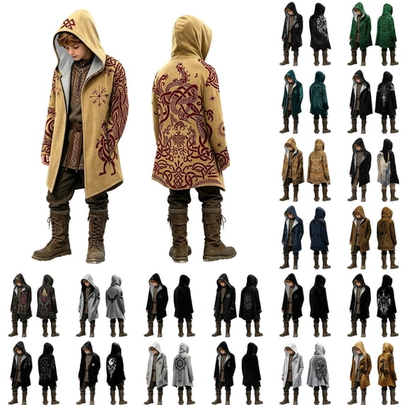 KHONTS Boys Hooded Cloak 3D Print Jacket Retro Coat Mid Length Outerwear with Pocket,Size 2-15 Years 21-Yellow 90
