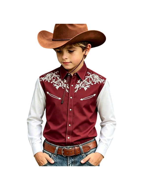 Boys Kids Western Cowboy Shirts Collared Button down Long Sleeve Tops Summer Vacation Tees,Size 6-15 Years Wine 150