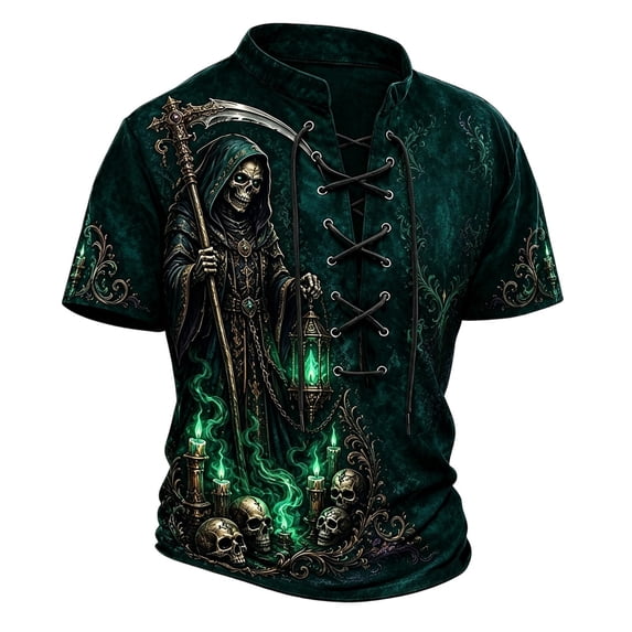 KHONTS Boys Viking Lace up V-Neck T Shirts Short Sleeve 3D Printed Tees,Size 2-13 Years 09-Green 140