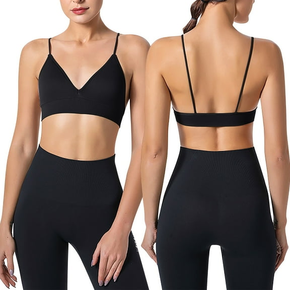 KHONTS Bralettes for Women Spaghetti Strap Triangle V Neck Bras Padded Wireless Pull-On Closure Bra for Yoga Black L