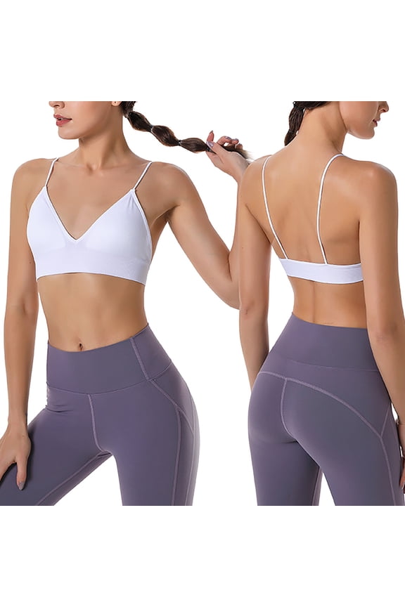 Bralettes for Women Spaghetti Strap Triangle V Neck Bras Padded Wireless Pull-On Closure Bra for Yoga White L