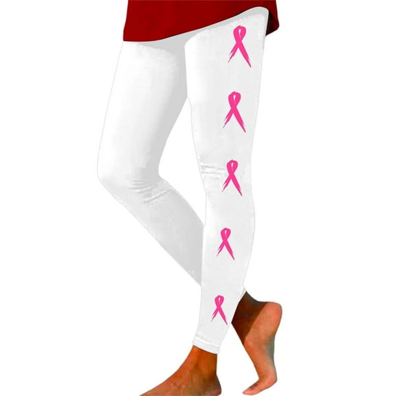 KHONTS Breast Cancer Awareness Leggings for Women Ribbon Leggings High Waisted Yoga Pants Stretchy Athletic Tights H-White L