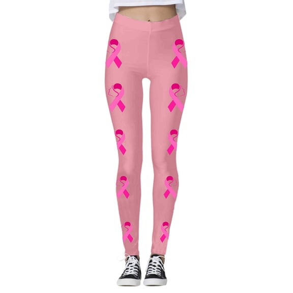 KHONTS Cancer Awareness Leggings for Women Ribbon Leggings High Waisted Yoga Pants Stretchy Athletic Tights M-Pink M