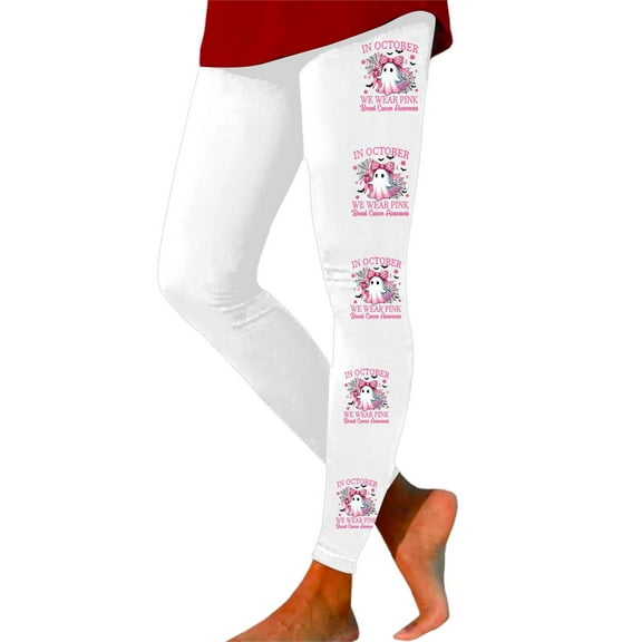 KHONTS Cancer Awareness Leggings for Women Ribbon Leggings High Waisted Yoga Pants Stretchy Athletic Tights O-White XL
