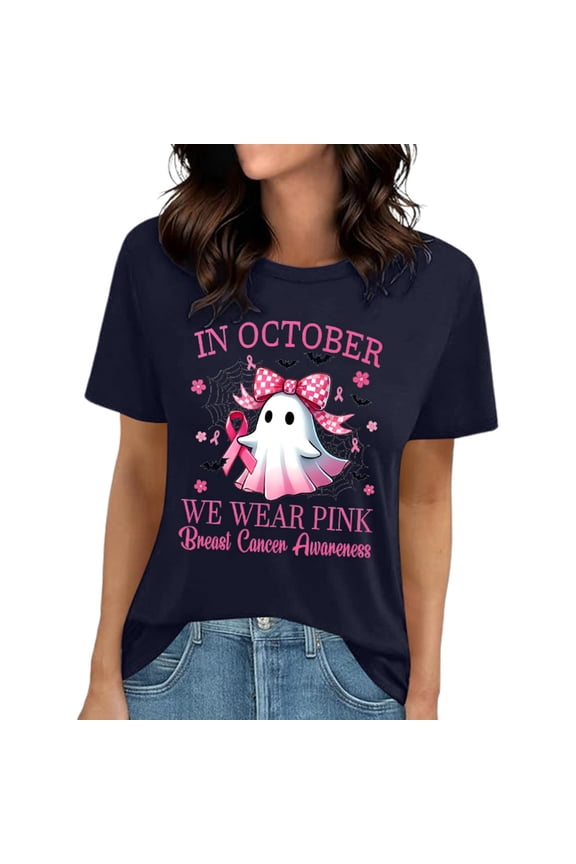 Breast Cancer Awareness T-Shirt for Women Short Sleeve Crew Neck Casual Tees Navy XXL