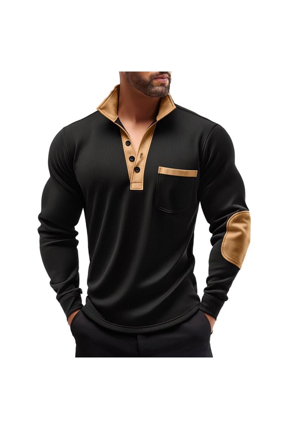 Button up Sweatshirts for Men Long Sleeve Waffle Neck T Shirts Casual Sweatshirts with Elbow Patches Black XXXL
