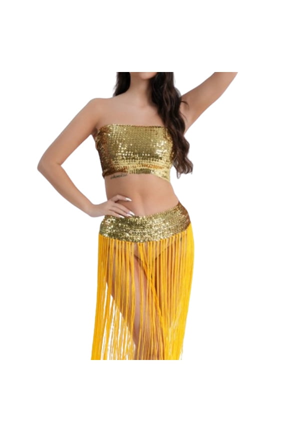 Carnival Sequin Belly Dance Tank Tops Fringe for Stage Performance Club Party Dancing Gold One Size