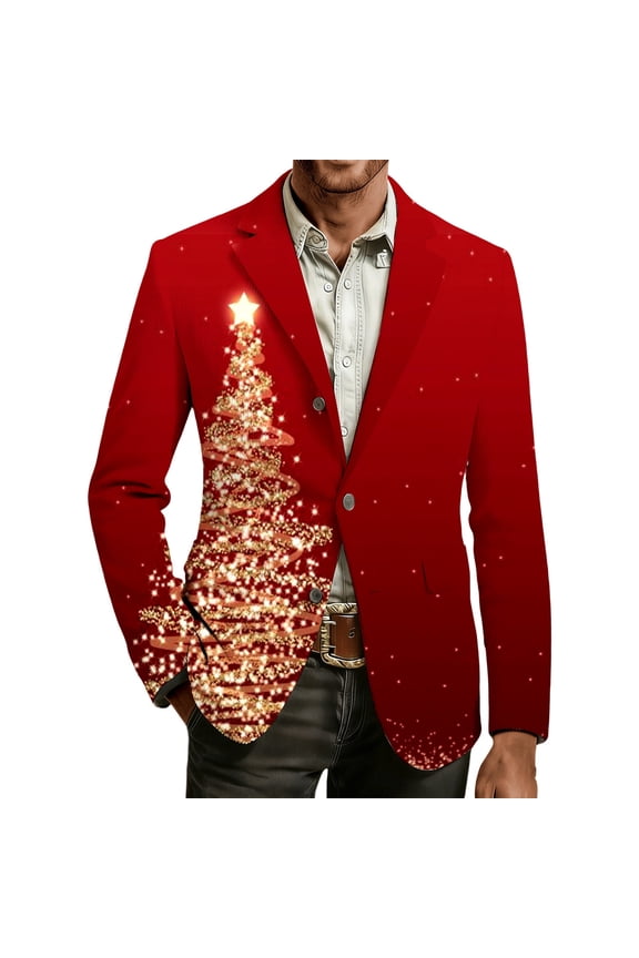 Christmas Blazer Men Vintage Corduroy Xmas Graphic Suit Jackets Slim Lapel Button down Blazers for Party Dinner 2025 14-Red XL