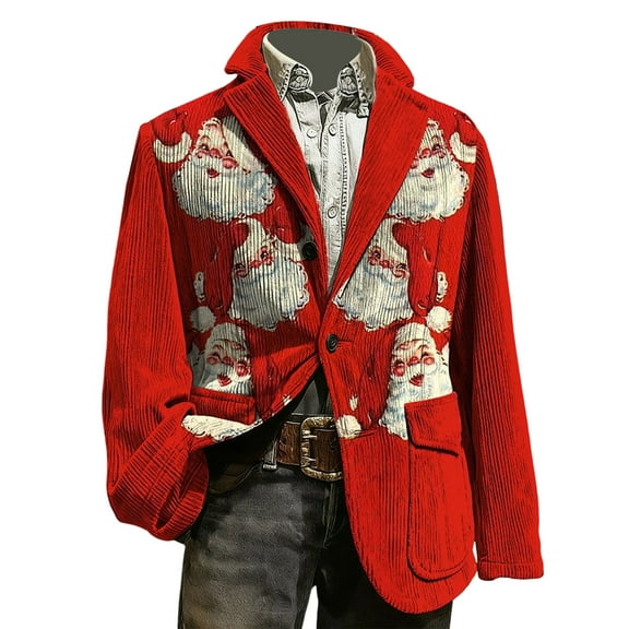 KHONTS Christmas Blazer for Men Corduroy Xmas Graphic Suit Jackets Lapel Button down Blazers for Dinner Party 2025 03-Watermelon Red XL