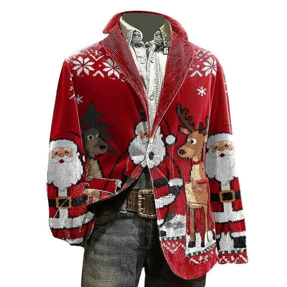 KHONTS Christmas Blazer for Men Corduroy Xmas Graphic Suit Jackets Lapel Button down Blazers for Dinner Party 2025 05-Brick Red XL