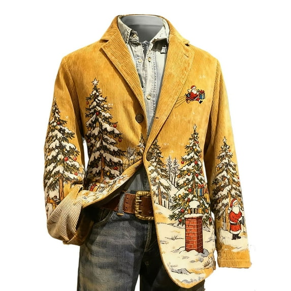 KHONTS Christmas Blazer for Men Vintage Corduroy Jacket Funny Xmas Graphic Button Holiday Party Jackets Work Blazers 06-Yellow XXXXL