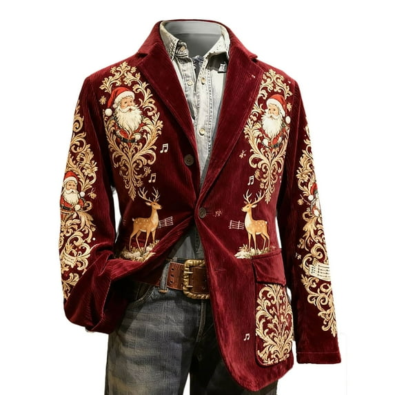 KHONTS Christmas Blazer for Men Vintage Corduroy Jacket Funny Xmas Graphic Button Holiday Party Jackets Work Blazers 08-Red L