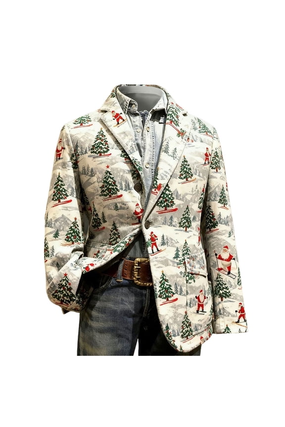 Christmas Blazer for Men Vintage Corduroy Jacket Funny Xmas Graphic Button Holiday Party Jackets Work Blazers 13-Beige L