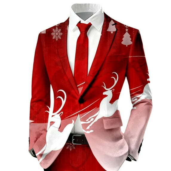 KHONTS Christmas Blazer for Men Xmas Snowflake Shawl Lapel Button Tuxedo Jacket Holiday Christmas Suit Coat 06-Red M