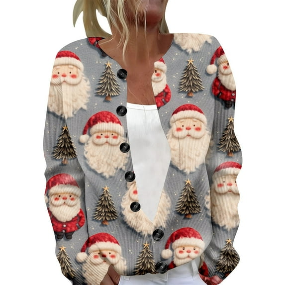 KHONTS Christmas Cardigan Sweaters for Women 2025 Funny Xmas Open Front Button down Cardigans Long Sleeves Coat 01-Grey XL