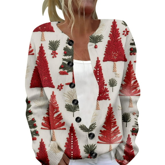KHONTS Christmas Cardigan Sweaters for Women 2025 Funny Xmas Open Front Button down Cardigans Long Sleeves Coat 02-Red XXXXXL