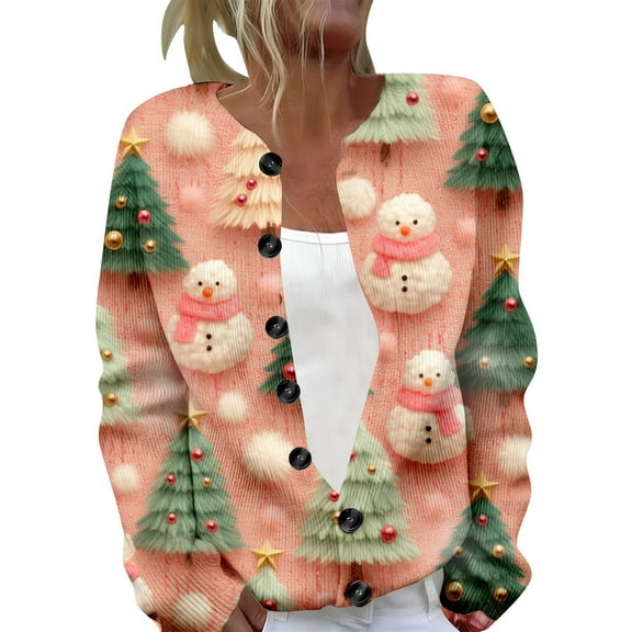 KHONTS Christmas Cardigan Sweaters for Women 2025 Funny Xmas Open Front Button down Cardigans Long Sleeves Coat 06-Pink XXXL