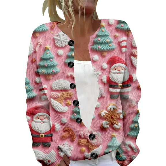 KHONTS Christmas Cardigan Sweaters for Women 2025 Funny Xmas Open Front Button down Cardigans Long Sleeves Coat 10-Pink XXXXXL