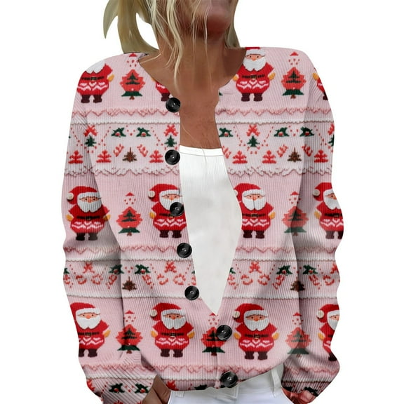 KHONTS Christmas Cardigan Sweaters for Women 2025 Funny Xmas Open Front Button down Cardigans Long Sleeves Coat 15-Pink XXXXXL