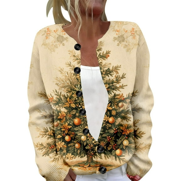 KHONTS Christmas Cardigan Sweaters for Women 2025 Funny Xmas Open Front Button down Cardigans Long Sleeves Coat 21-Beige XXXXXL