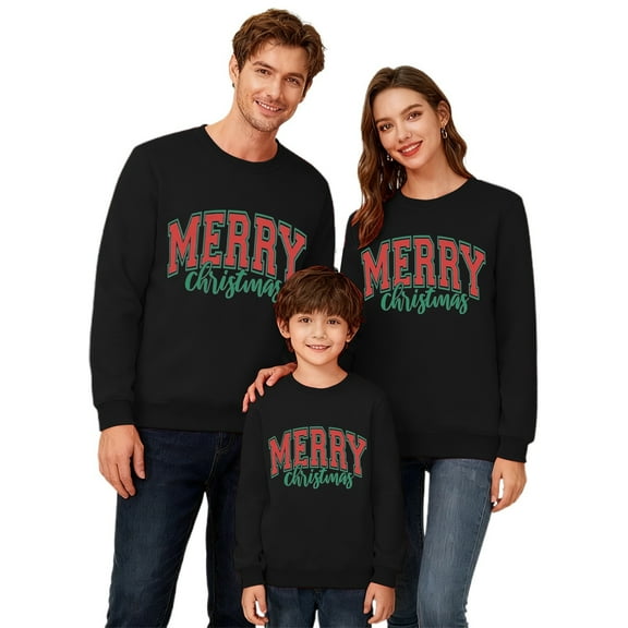 KHONTS Christmas Family Matching Sweatshirt Merry Xmas Holiday Party Shirt Crewneck Pullover Tops Women Black