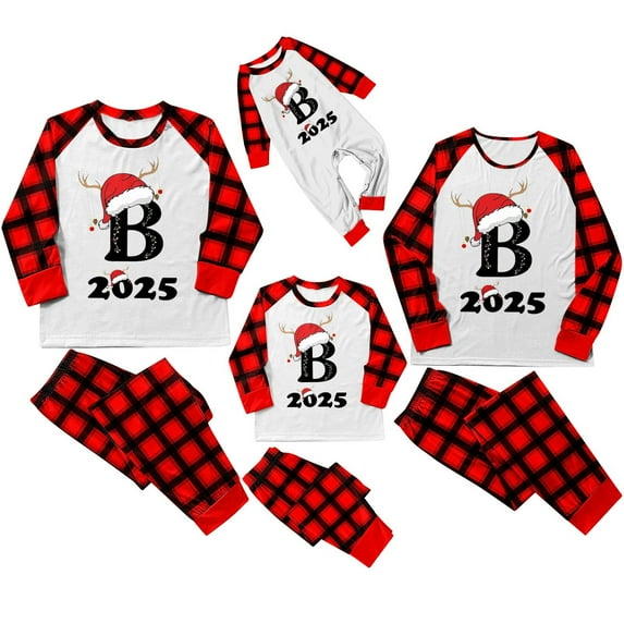 KHONTS Christmas Monogram B Printed Family Matching Pajamas Sets Long Sleeve and Pants Cozy Home Loungewear Holiday Sleepwear Women L