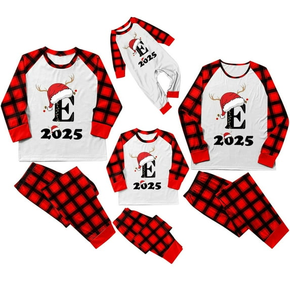 KHONTS Christmas Monogram E Printed Family Matching Pajamas Sets Long Sleeve and Pants Cozy Home Loungewear Holiday Sleepwear Women XL