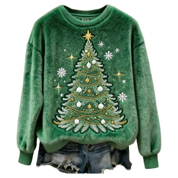KHONTS Christmas Plus Size Sweater for Women Fuzzy Crewneck Sweatshirts 3D Oversized Sweatshirt Warm Holiday Overshirts 02-Green XL