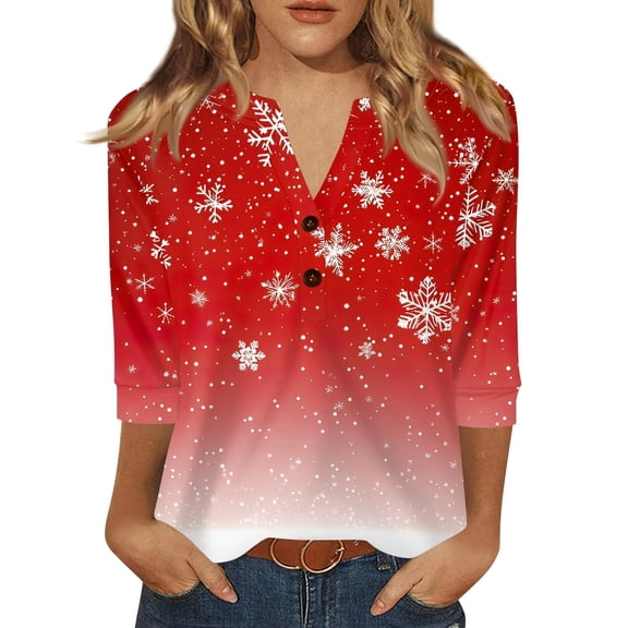 KHONTS Christmas Shirts for Women Plus Size 3/4 Sleeve Henley V Neck Tunic Tops Holiday Party Blouses Xmas Sweatshirts Graphic Tee 05-Red XXL