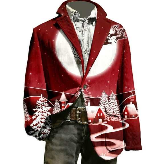 KHONTS Christmas Suit for Men Ugly Lightweight Xmas Printed Blazer Casual One Button Holiday Party Fit Jacket with Pockets 07-Red L