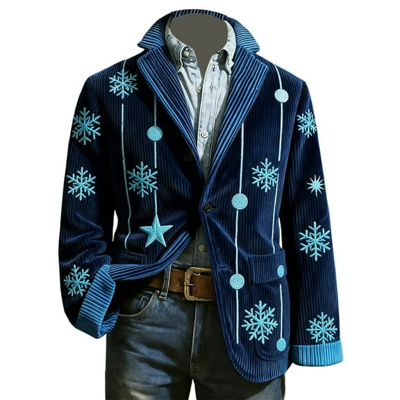 KHONTS Christmas Suit for Men Lightweight Xmas Printed Blazer Casual One Button Holiday Party Fit Jacket with Pockets 11-Dark Blue XL