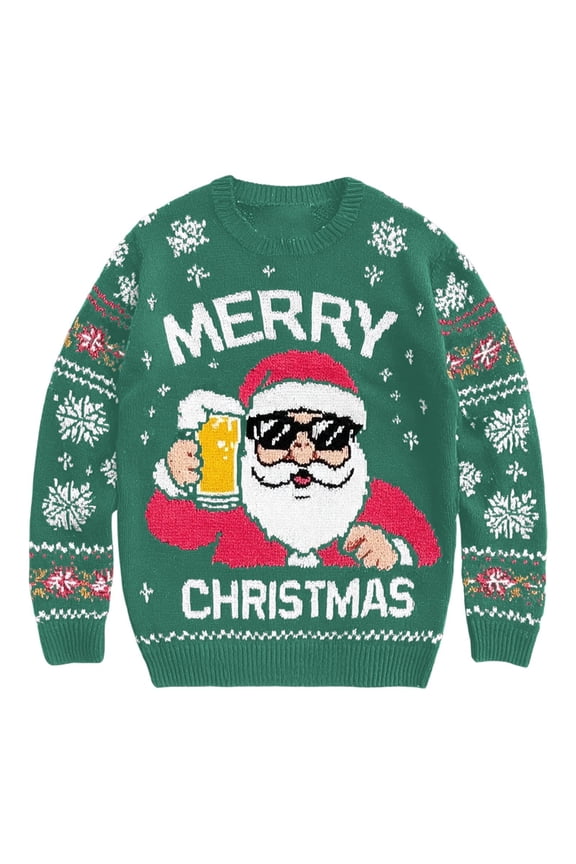 Christmas Sweater for Men Funny Snowflake Santa Hilarious Xmas Claus Soft Pullover Long Sleeve Knitted Sweaters Green M