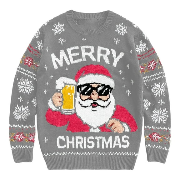 KHONTS Christmas Sweater for Men Funny Snowflake Santa Hilarious Xmas Claus Soft Pullover Long Sleeve Knitted Sweaters Light Gray XL
