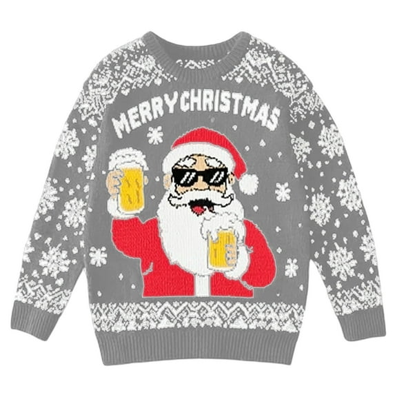 KHONTS Christmas Sweater for Men Funny Snowflake Santa Hilarious Xmas Claus Soft Pullover Long Sleeve Knitted Sweaters Light Gray XL