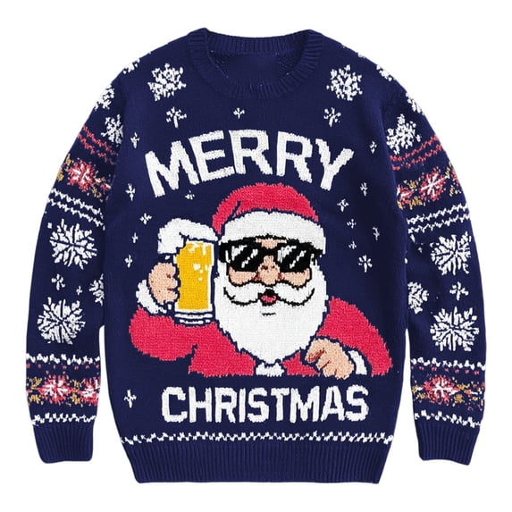 KHONTS Christmas Sweater for Men Funny Snowflake Santa Hilarious Xmas Claus Soft Pullover Long Sleeve Knitted Sweaters Navy L