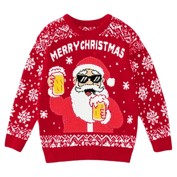 KHONTS Christmas Sweater for Men Funny Snowflake Santa Hilarious Xmas Claus Soft Pullover Long Sleeve Knitted Sweaters Red XL
