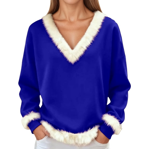 KHONTS Christmas T Shirts for Women Xmas V Neck Faux Fur Trim Tees Casual Loose Sweatshirts Long Sleeve Pullover Tops Blue XL
