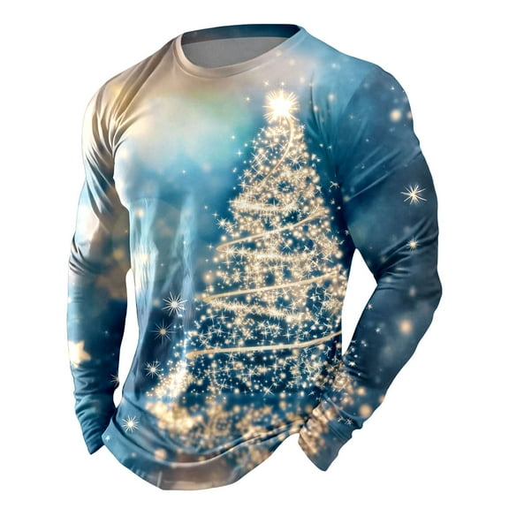 KHONTS Christmas Tree T Shirts for Men Long Sleeve Casual Holiday Xmas Tees Casual Crewneck Pullover 2025 Christmas Graphic Shirt 13-Light Blue M