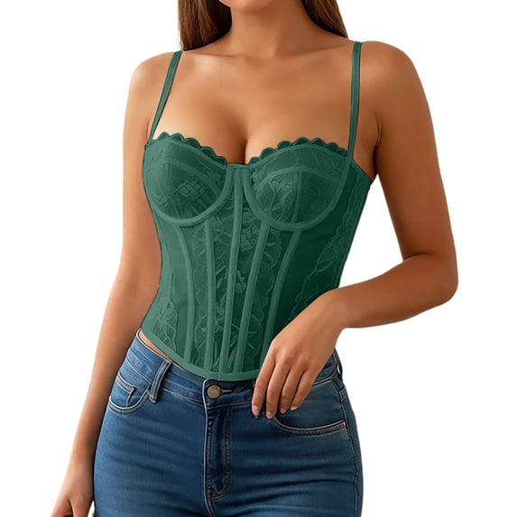 KHONTS Corset Tops for Women Going out Fall Fashion Crop Lace Outfit Y2k Spaghetti Strap Tank Tops Mesh Party Bustier Cami Tops Dark Green XS