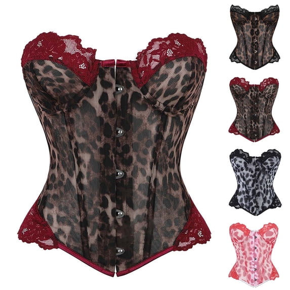 KHONTS Corset Tops for Women Leopard Lace Patchwork Stylish Bustier Strapless Mesh Shapewear Bodysuit Pink XS
