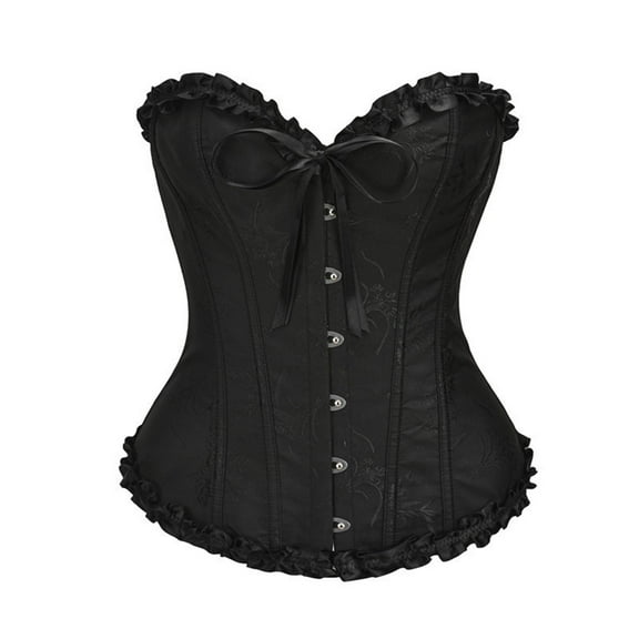 KHONTS Corsets For Women Renaissance Floral Trim Lace Up Boned Overbust Corset Waist Cincher Bustier Shapewear Black XS