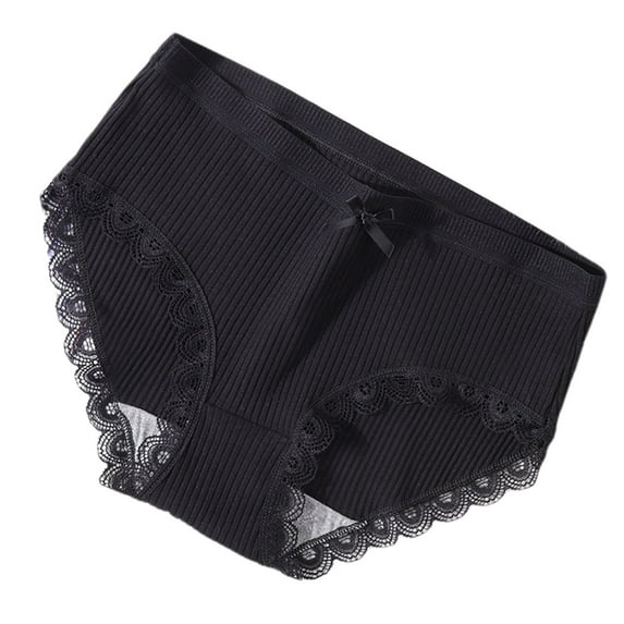 KHONTS Cotton Panties for Women Fashion High Waist Lace Trim Underwear Solid Color Comfy Pant Breathable Pants Black XL